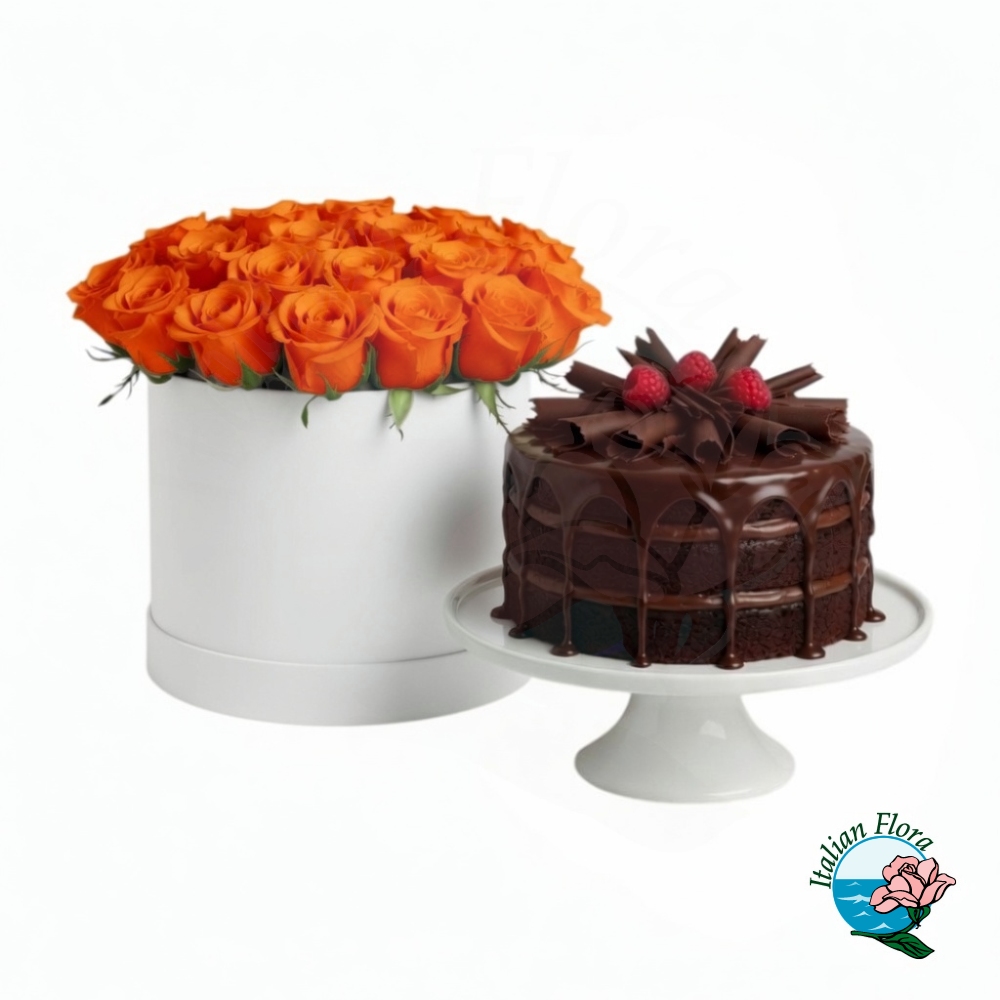 Flowerbox con rose arancio e torta al cioccolato