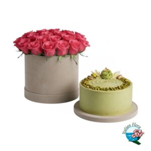Flowerbox di rose rosa e torta al pistacchio