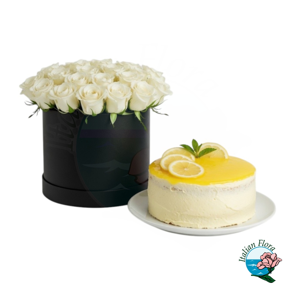 Flowerbox di rose bianche e torta al limone